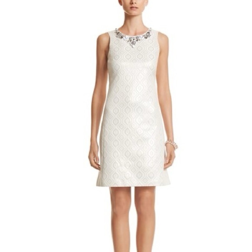 White Geometric Patterned Dress with Embellished Neckline